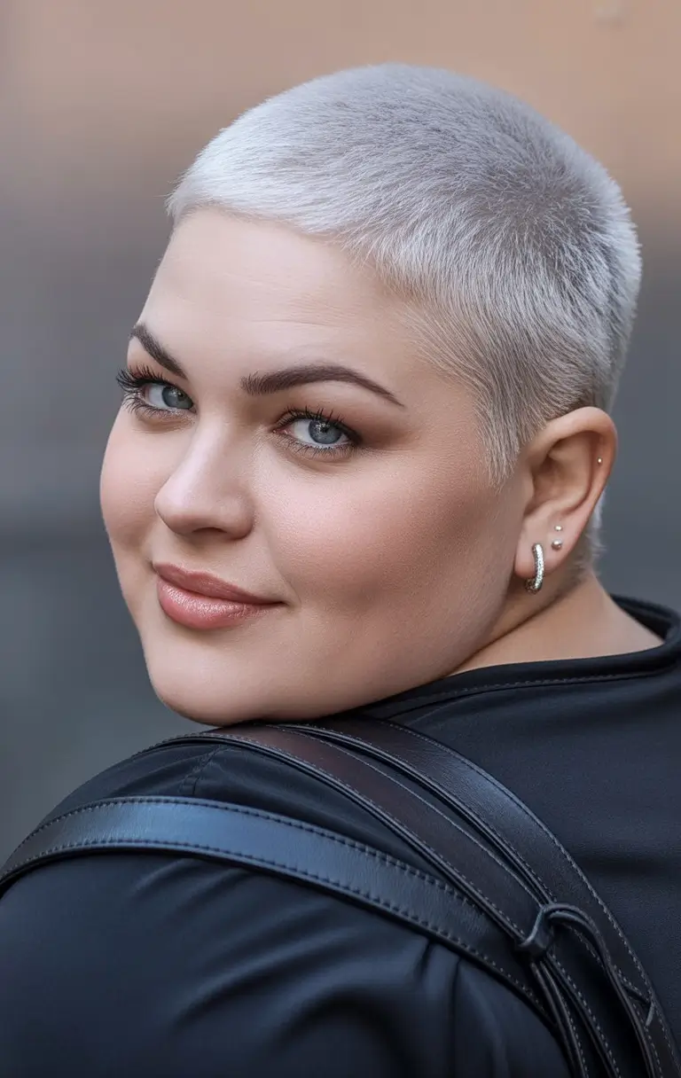 Plus Size Winter Haircuts for Women 2025 2026 Platinum Buzz Cut