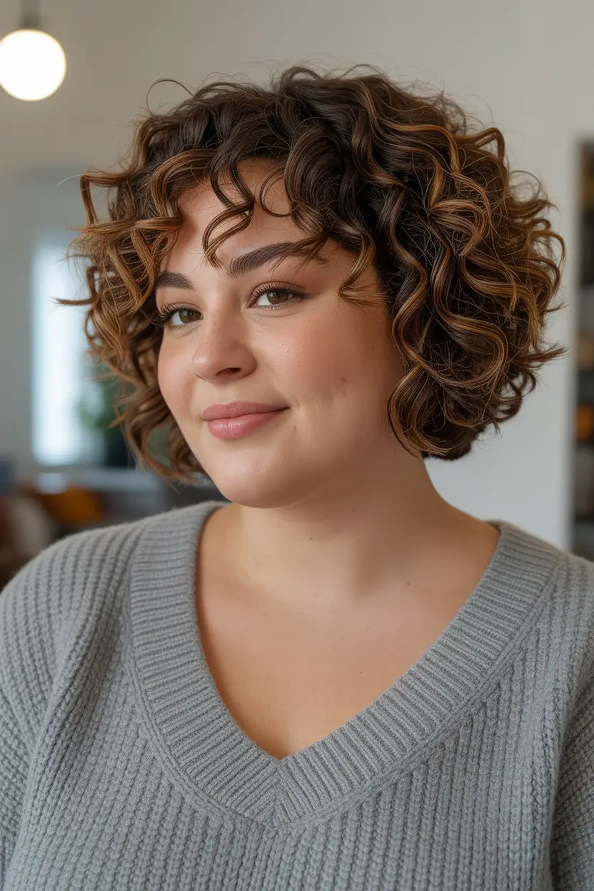 Plus Size Winter Haircuts for Women 2025 2026 Curly Bob with Warm Highlights