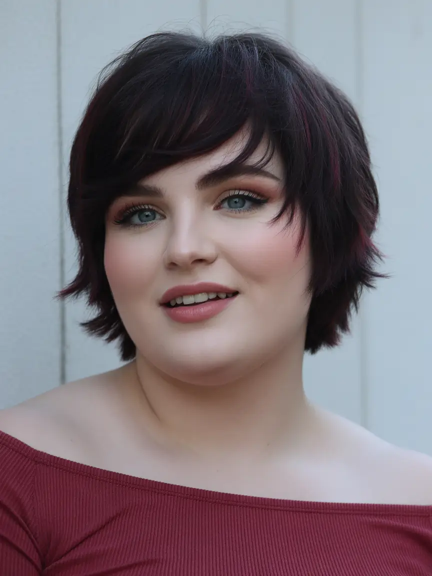 Plus Size Winter Haircuts for Women 2025 2026 Soft Shaggy Bob with Burgundy Hints