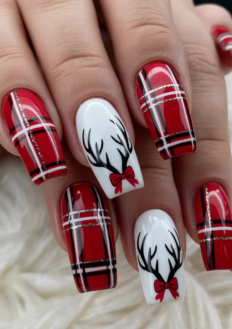 Red Christmas Nails 2025 Red Plaid and Reindeer Charm