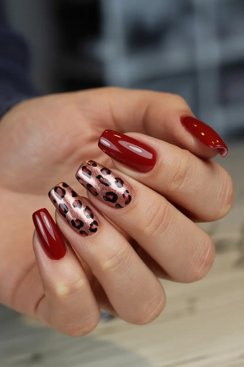 Red Christmas Nails 2025 Rose Gold Leopard Spark