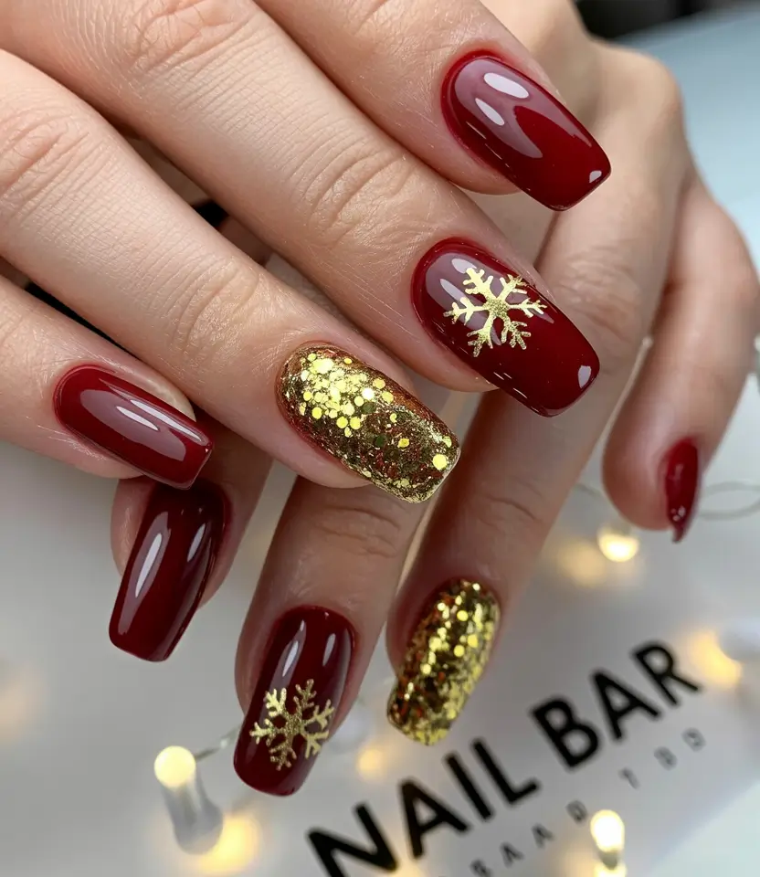 Red Christmas Nails 2025 Golden Snowflake Glow