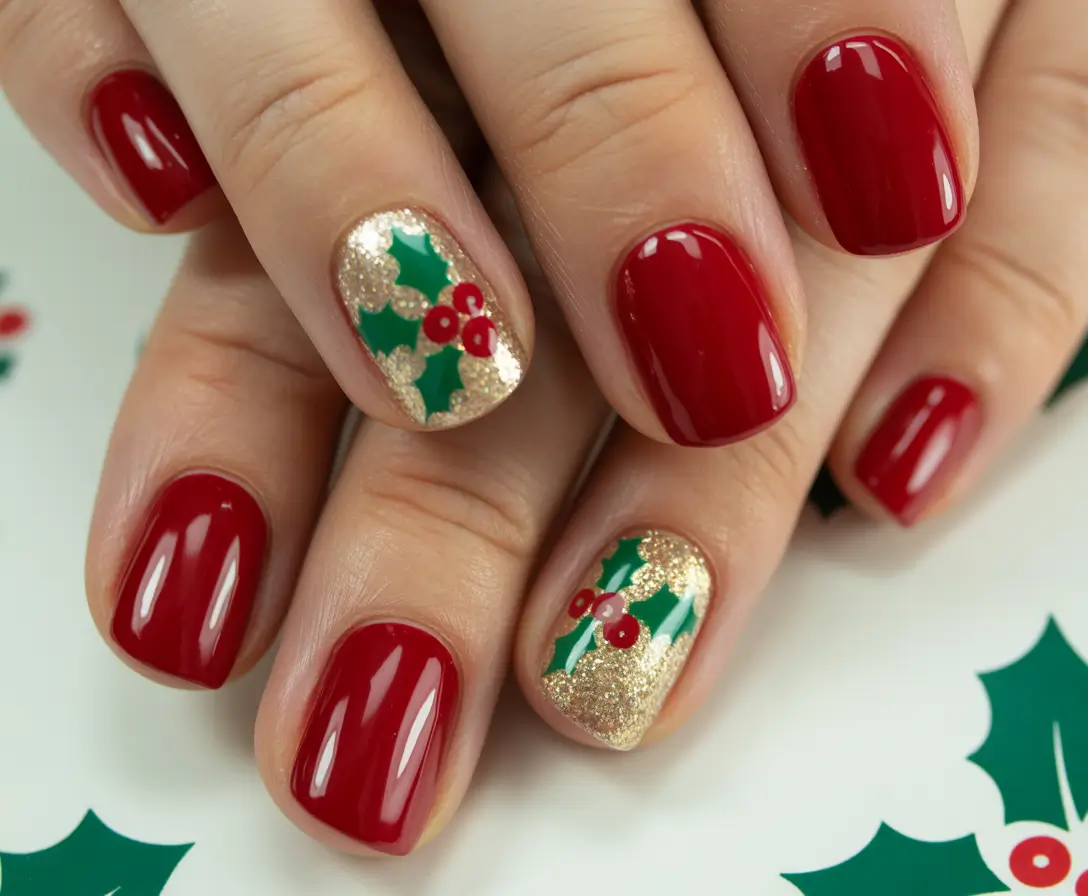 Red Christmas Nails 2025 Festive Holly Charm