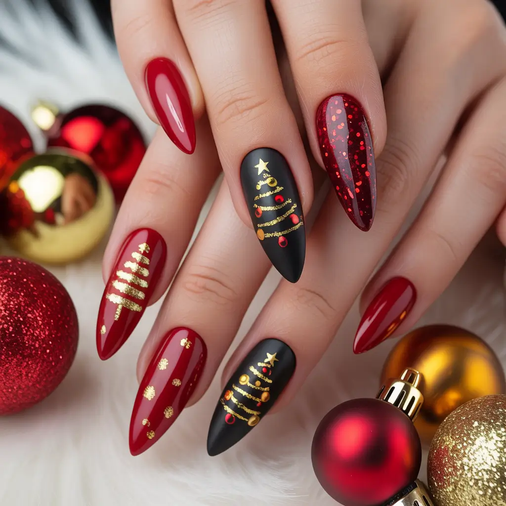 Red Christmas Nails 2025 Black and Gold Christmas Trees