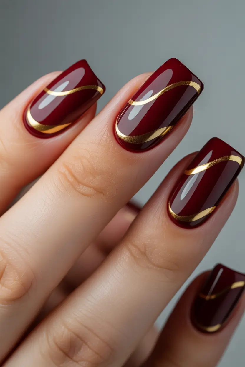 Red Christmas Nails 2025 Crimson and Gold Waves