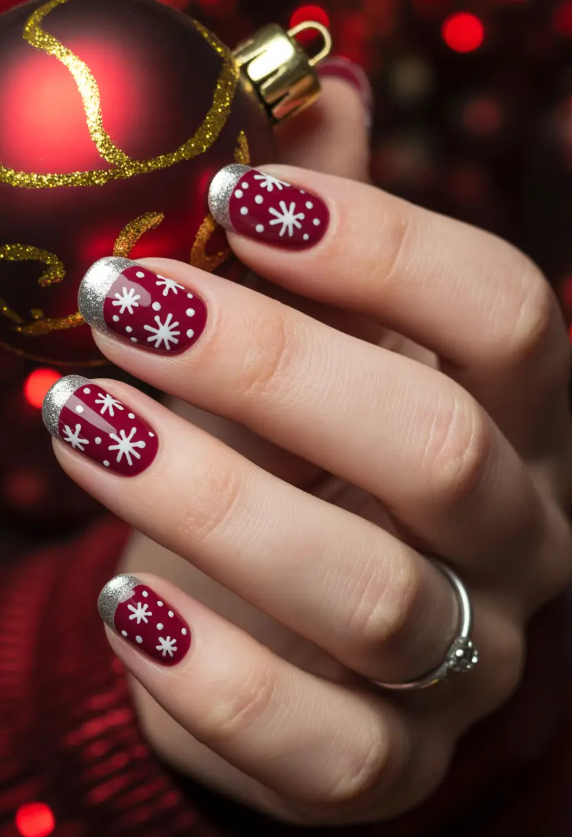 Red Christmas Nails 2025 Silver-Tipped Snowflake Bliss