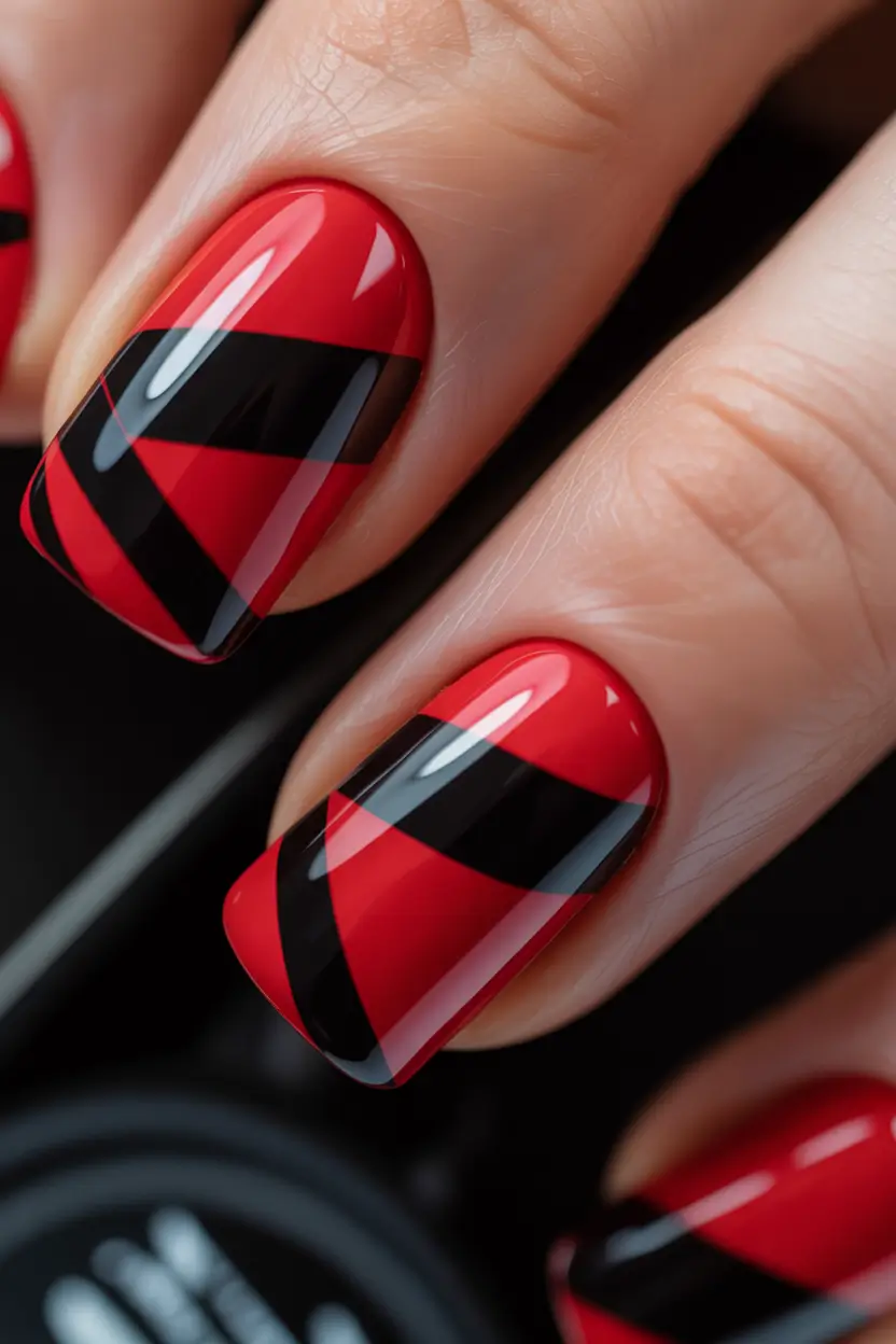 Red Christmas Nails 2025 Red and Black Candy Stripes