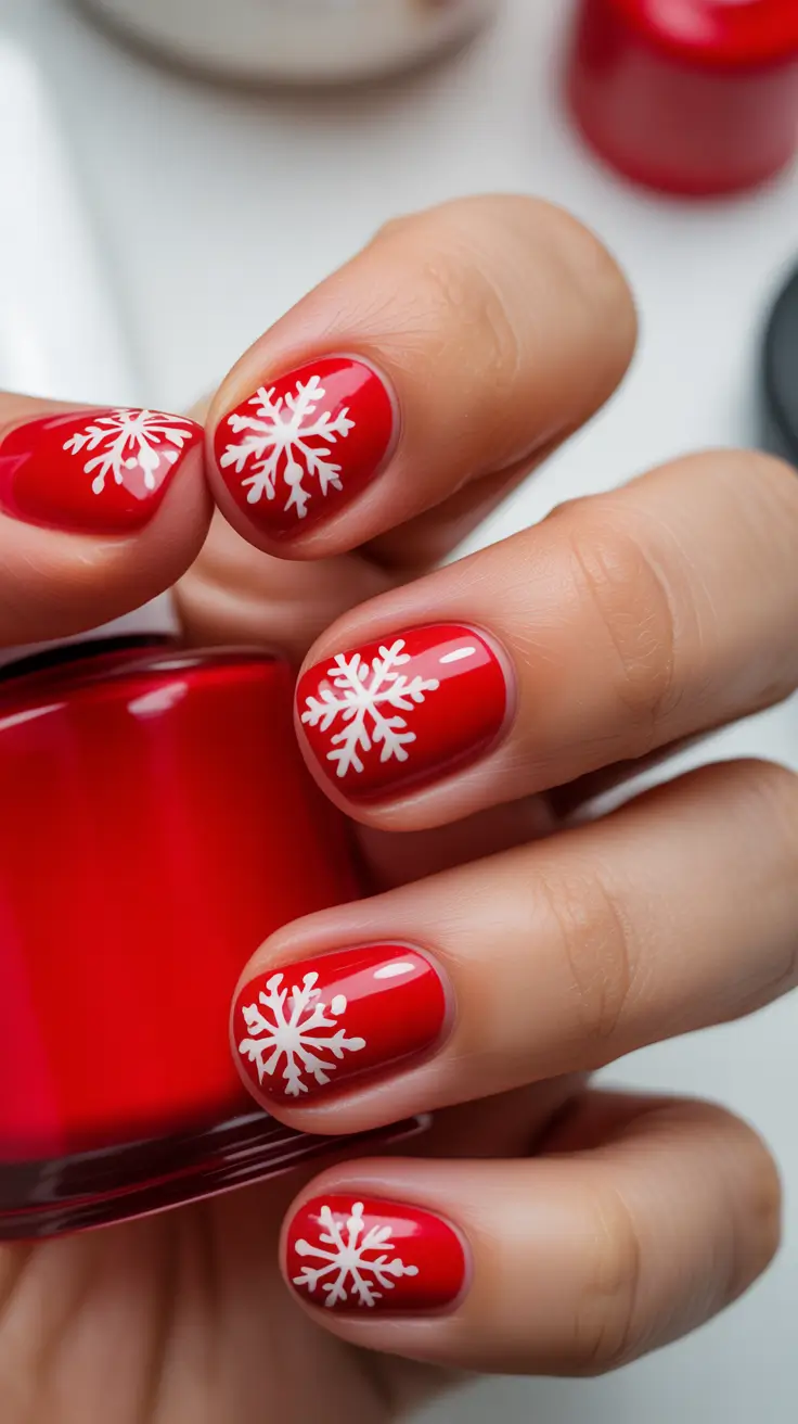Red Christmas Nails 2025 Classic Snowflake Red