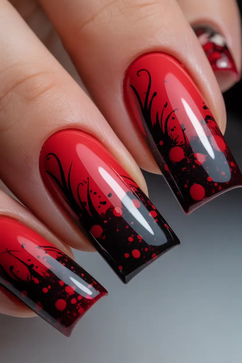 Red Christmas Nails 2025 Midnight Red and Black Gradient