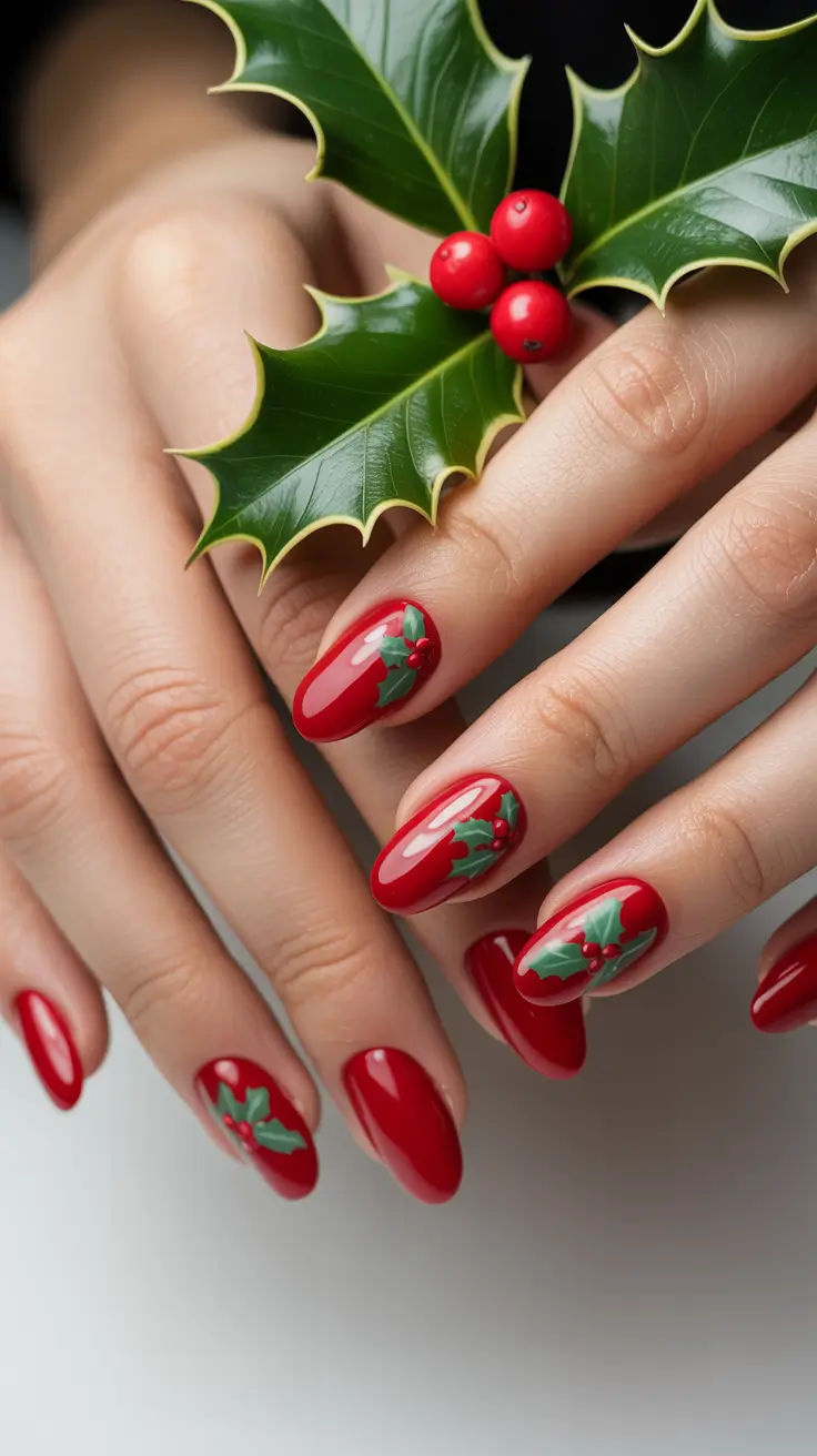 Red Christmas Nails 2025 Holly Leaf Elegance