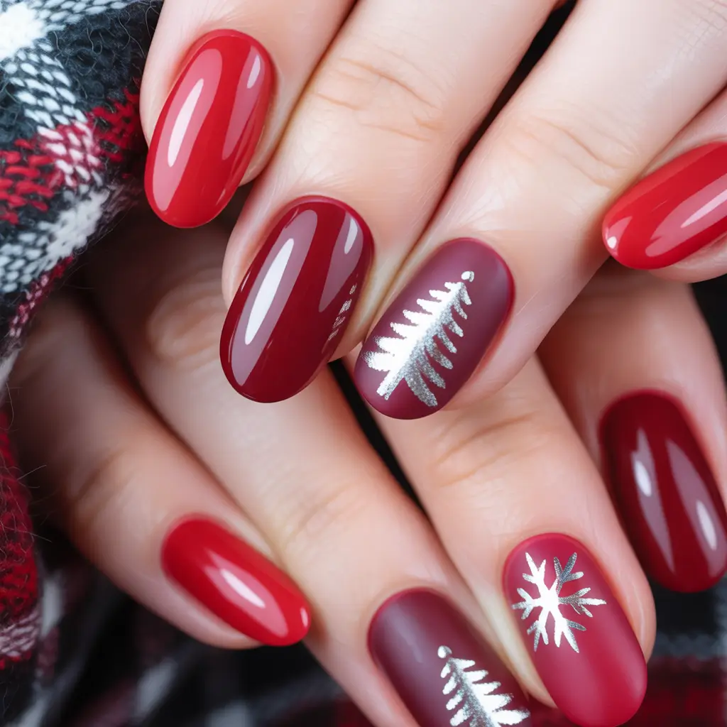 Red Christmas Nails 2025 Matte Silver Tree Charm