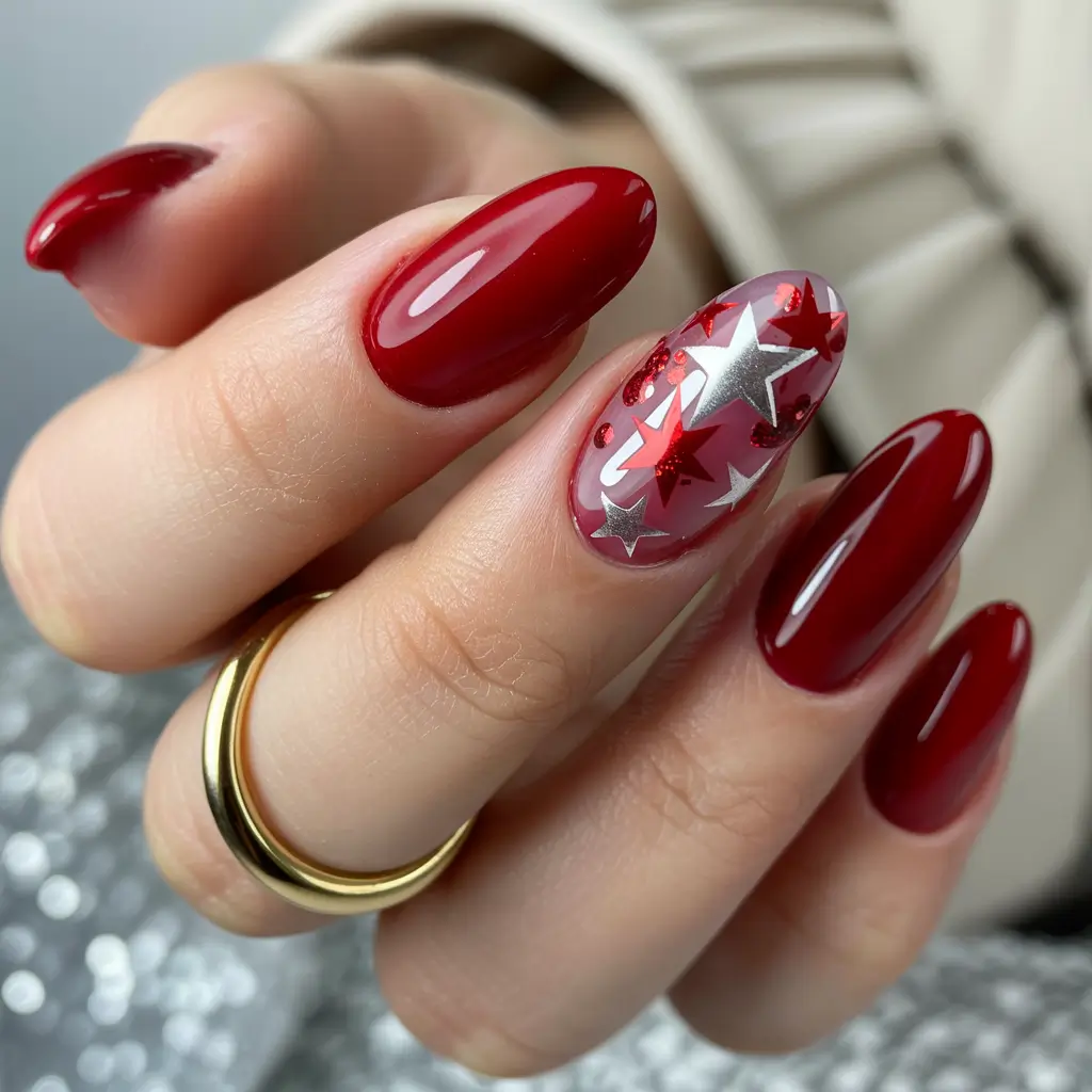 Red Christmas Nails 2025 Starry Red Dream