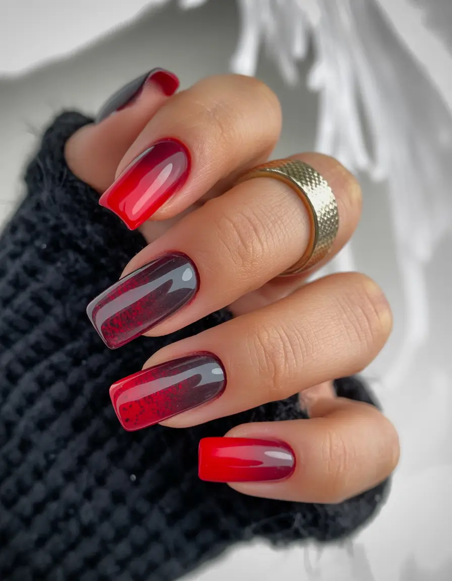 Red Christmas Nails 2025 Black and Red Ombre Melt