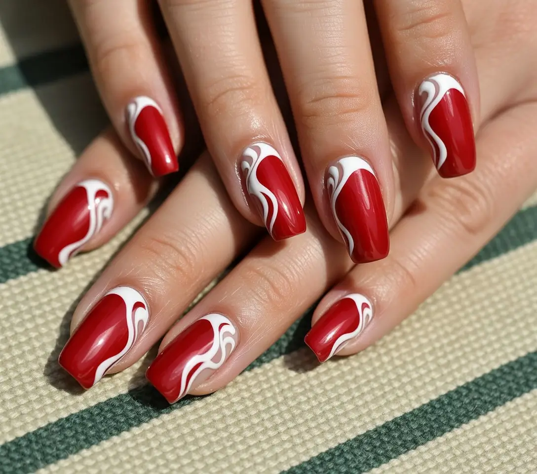 Red Christmas Nails 2025 White Swirl Glam