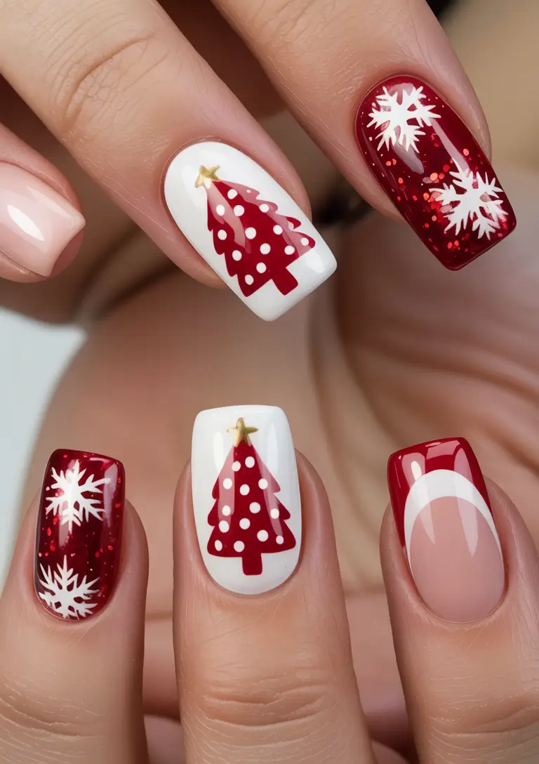 Red Christmas Nails 2025 Playful Snowy Trees