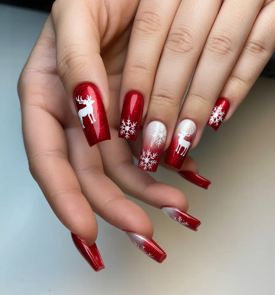 Red Christmas Nails 2025 Frosted Deer and Snowflakes
