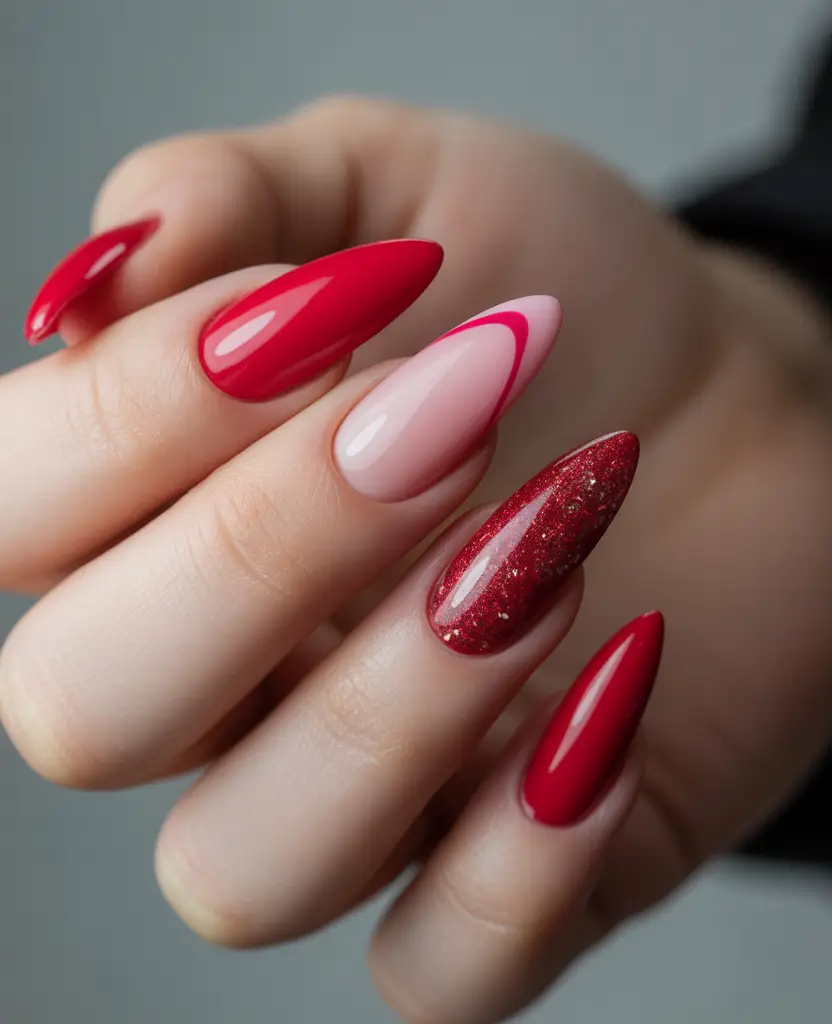 Red Christmas Nails 2025 Modern Red Almond Perfection