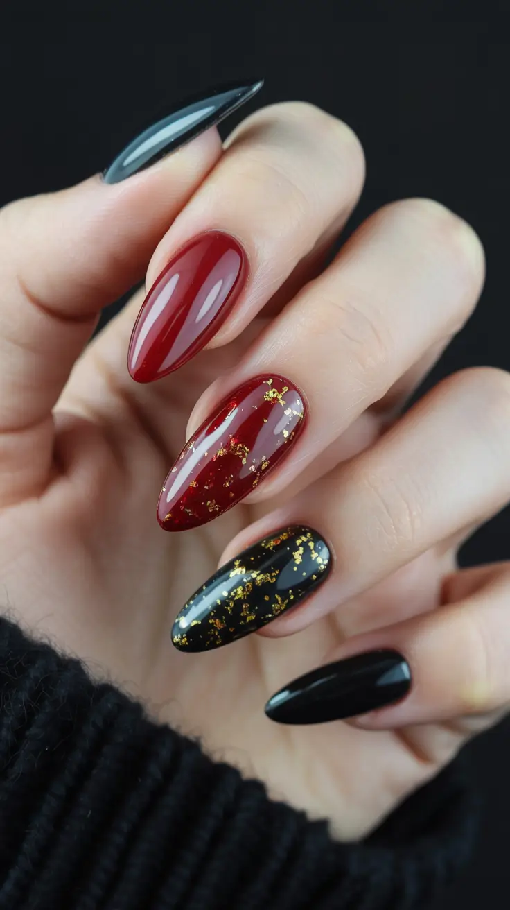 Red Christmas Nails 2025 Black and Gold Winter Glam