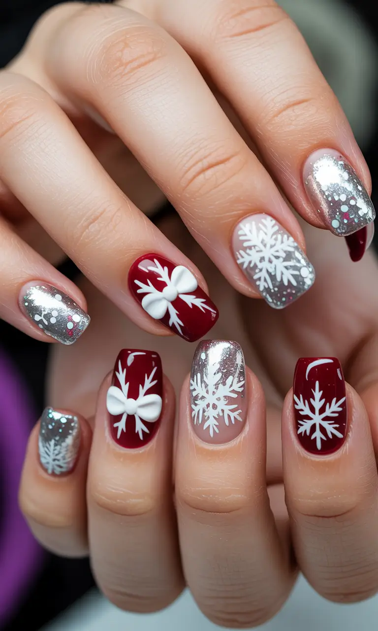 Red Christmas Nails 2025 Silver Spark and Snowflake Delight