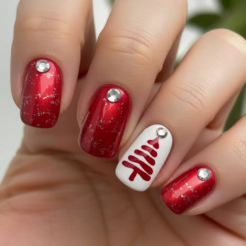 Red Christmas Nails 2025 Minimalist Red Tree Accent