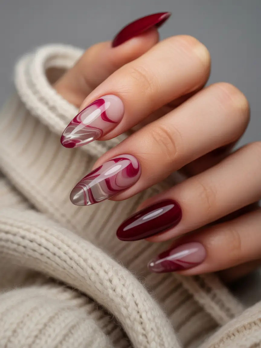 Red Winter Nails 2025–2026 Cozy Marbled Rouge