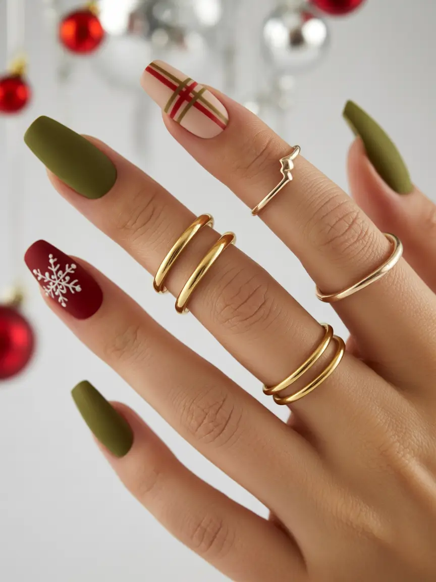 Red Winter Nails 2025–2026 Holiday Plaid Charm