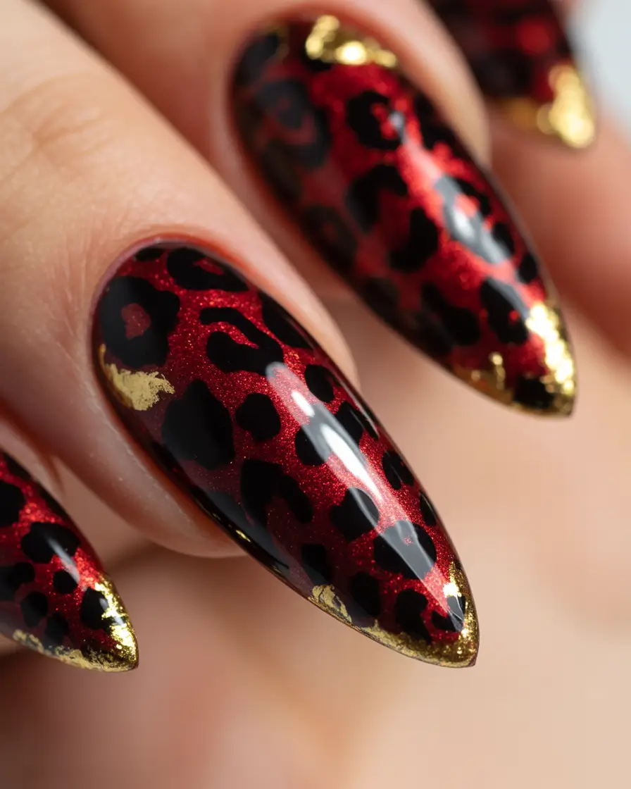 Red Winter Nails 2025–2026 Leopard Luxe Fever