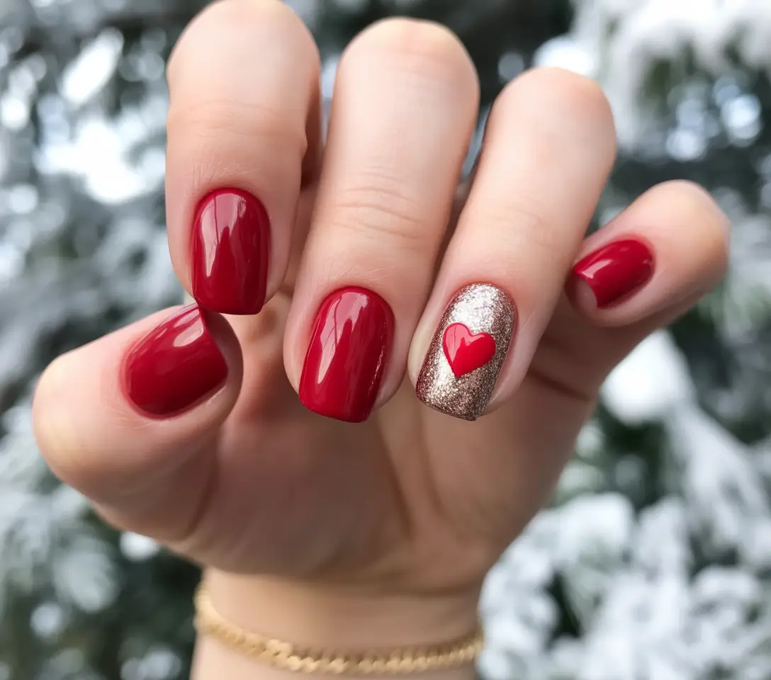 Red Winter Nails 2025–2026 Golden Accent Heart
