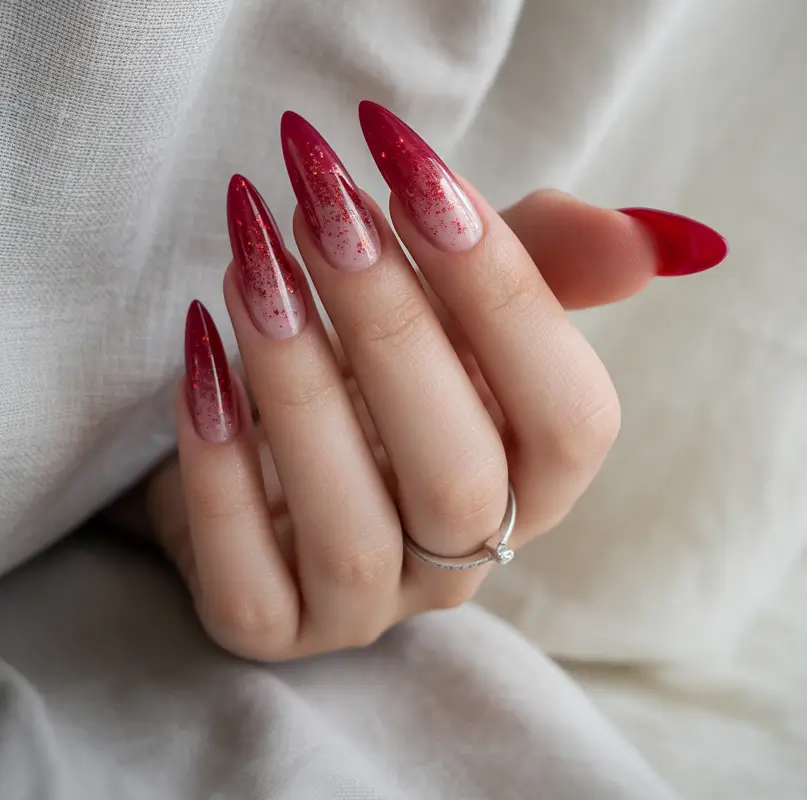 Red Winter Nails 2025–2026 Frosted Cherry Ombre