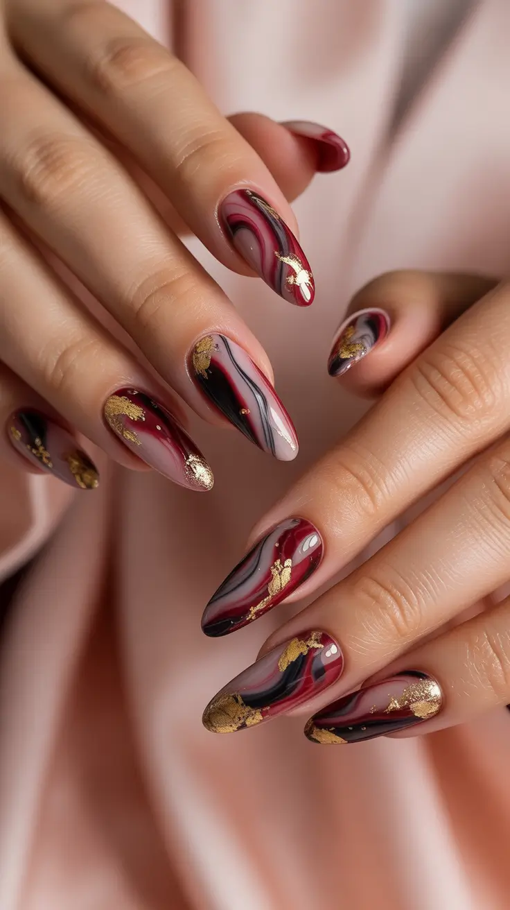 Red Winter Nails 2025–2026 Marble Gold Fusion