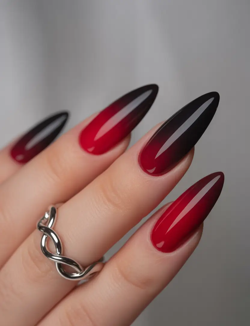 Red Winter Nails 2025–2026 Vampy Ombre Flame