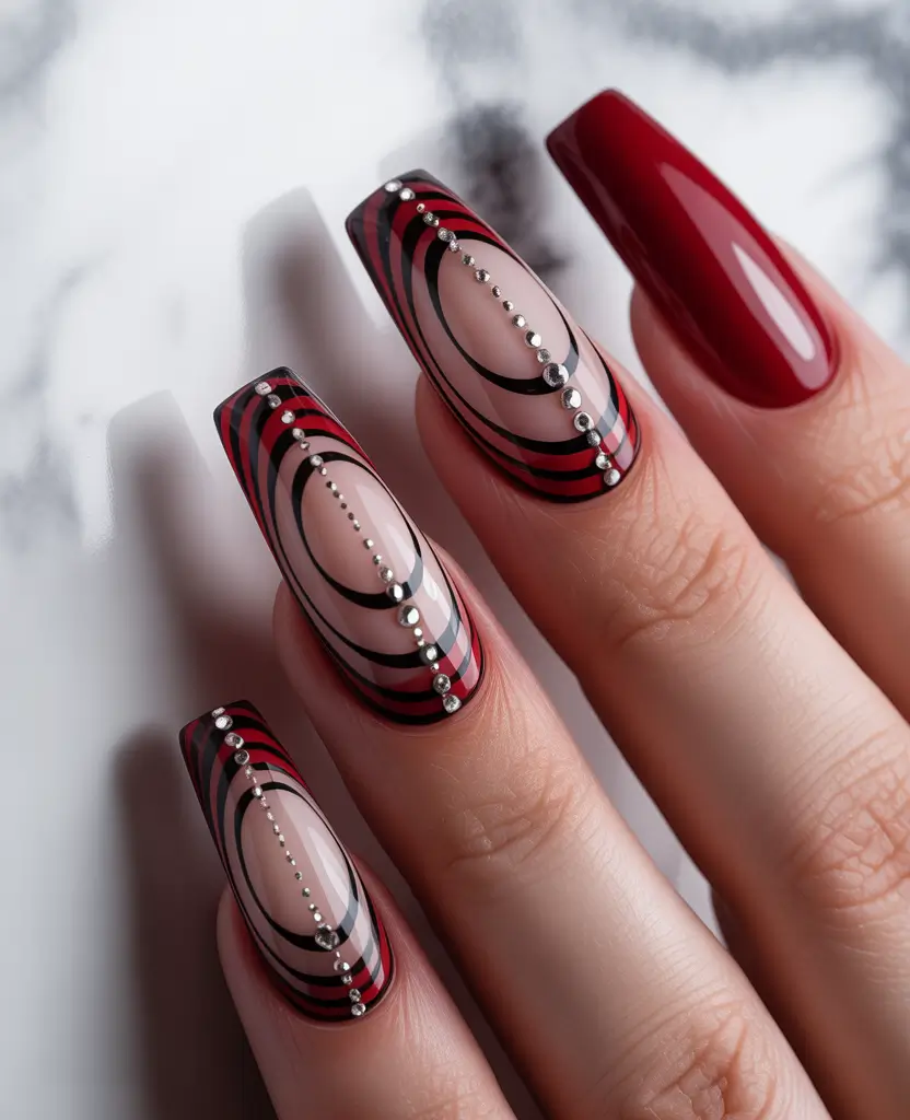 Red Winter Nails 2025–2026 Graphic Scarlet Lines