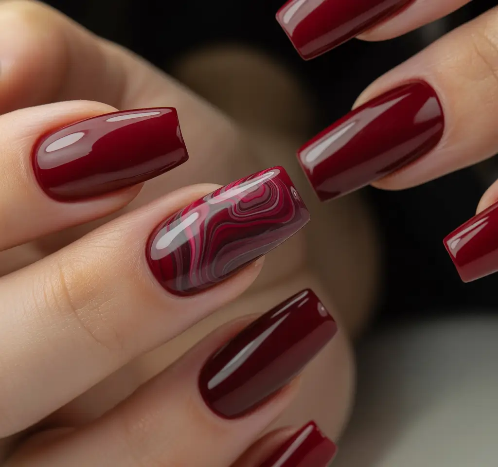 Red Winter Nails 2025–2026 Cherry Agate Flow