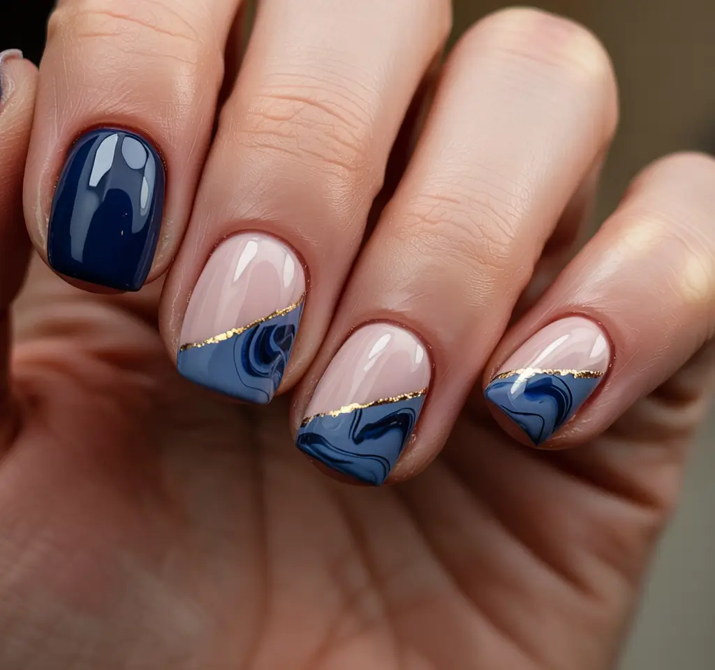 Short Winter Nails 2025–2026 Blue Marble and Gold Accent Lines