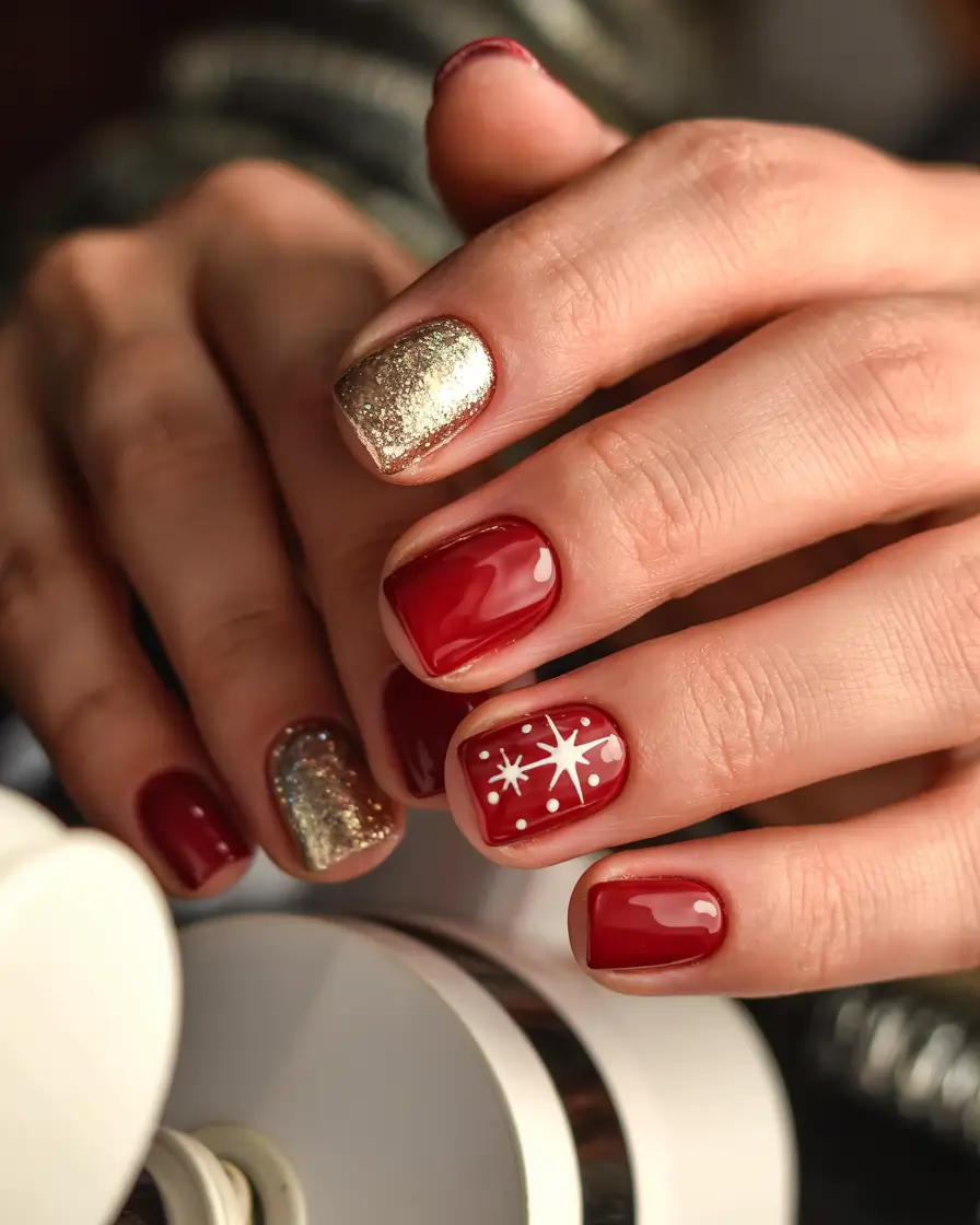 Short Winter Nails 2025–2026 Festive Red and Gold Sparkle Magic