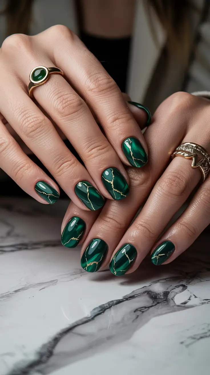 Short Winter Nails 2025–2026 Deep Green Marble Veins
