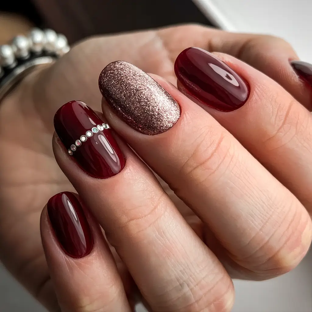 Short Winter Nails 2025–2026 Burgundy Glam with Rose Gold Accent