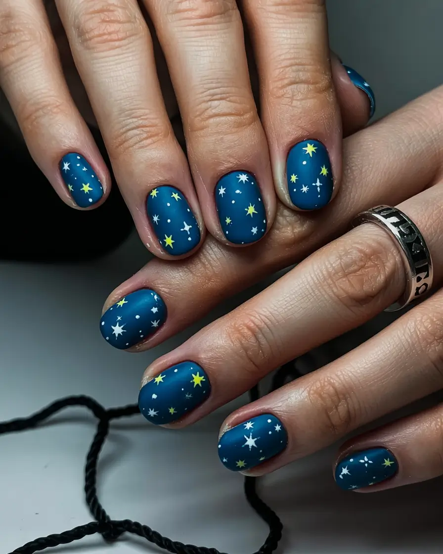 Short Winter Nails 2025–2026 Midnight Sky Star Nails