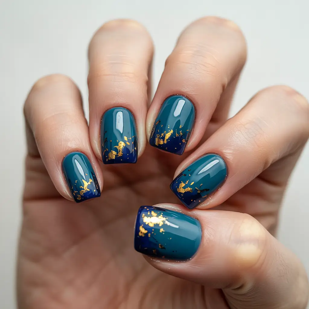 Short Winter Nails 2025–2026 Teal and Gold Winter Luxe