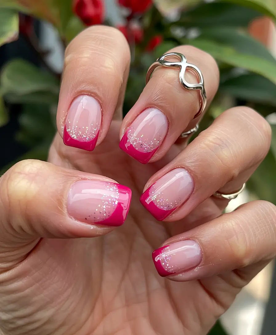 Short Winter Nails 2025–2026 Pink Sparkle French Twist