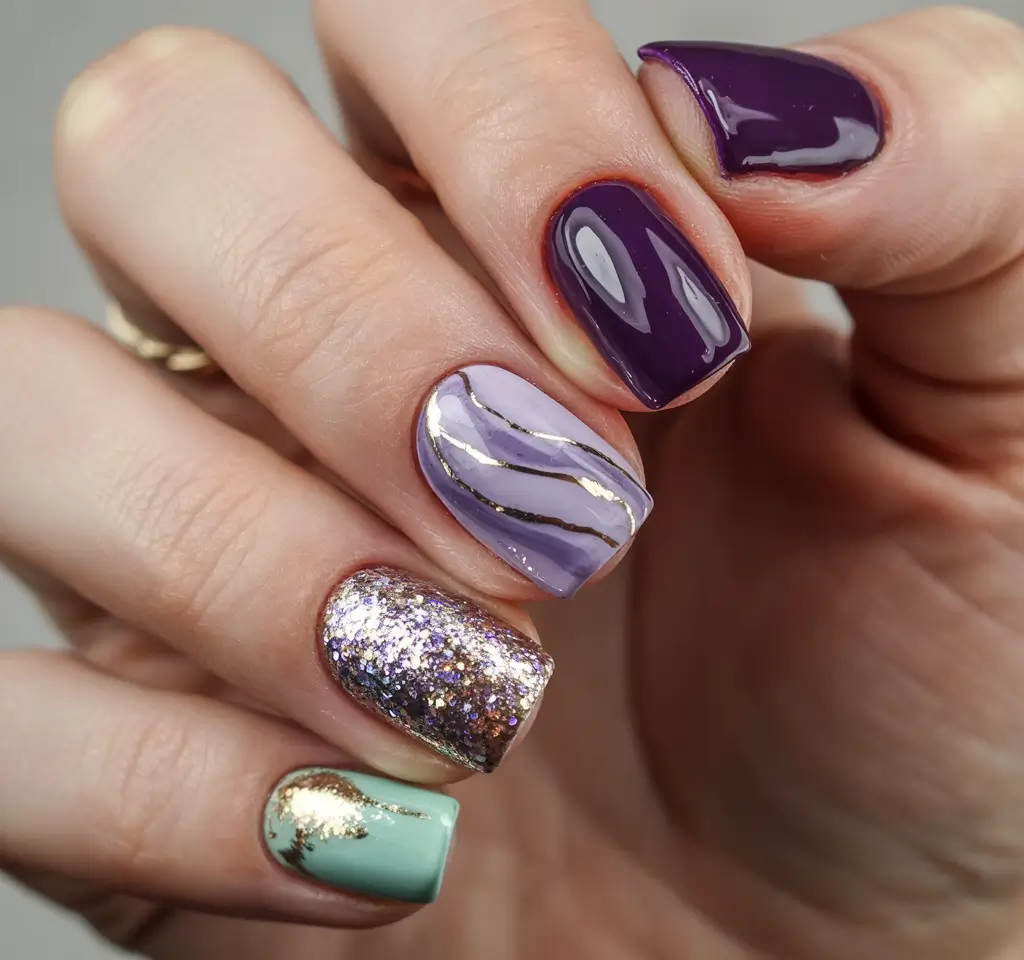 Short Winter Nails 2025–2026 Winter Mix of Purple and Glitter Glam