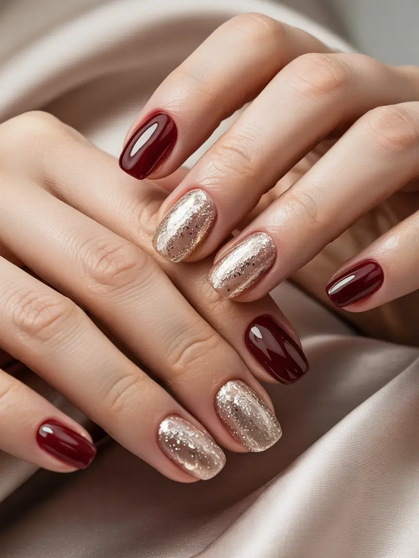 Short Winter Nails 2025–2026 Gold and Burgundy Luxe Blend
