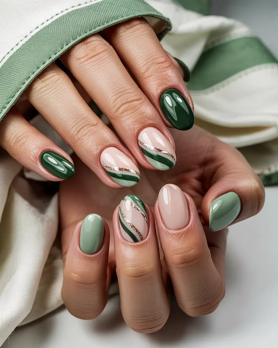 Short Winter Nails 2025–2026 Olive Green Abstract Waves