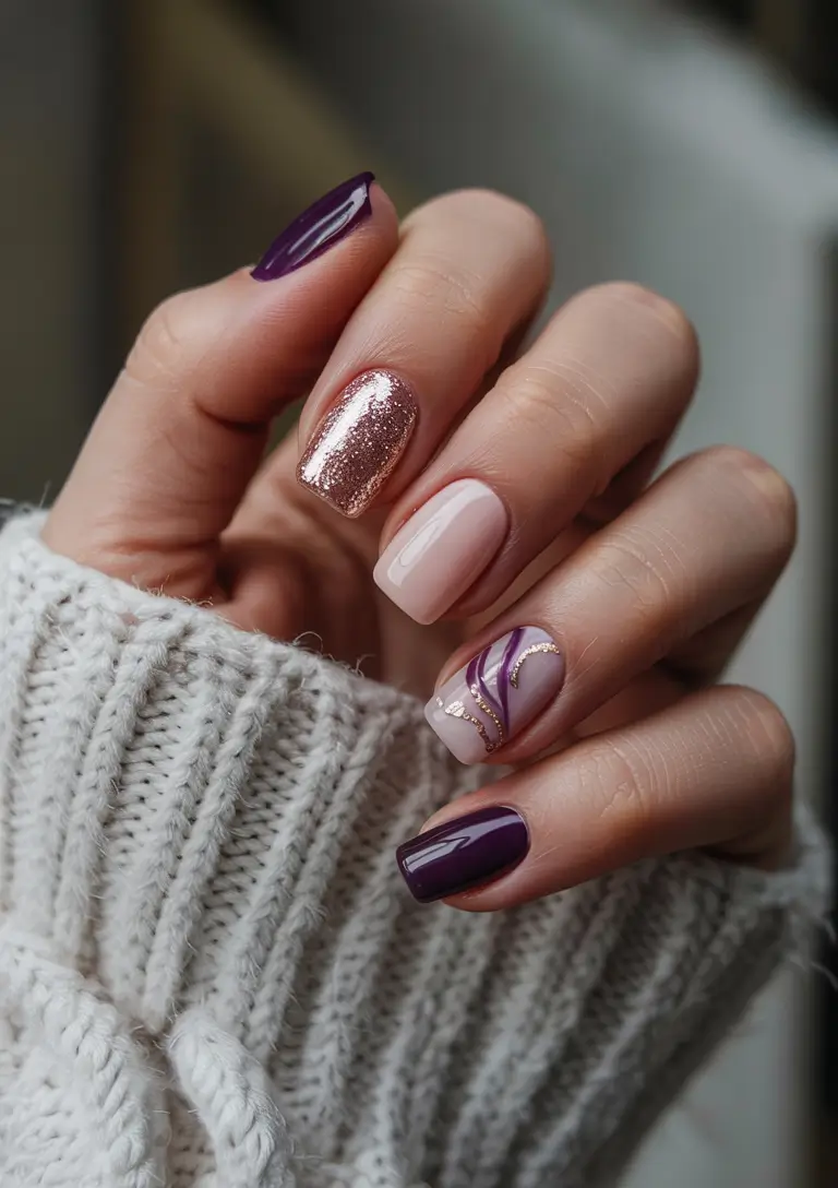 Short Winter Nails 2025–2026 Purple Rose Gold Fusion