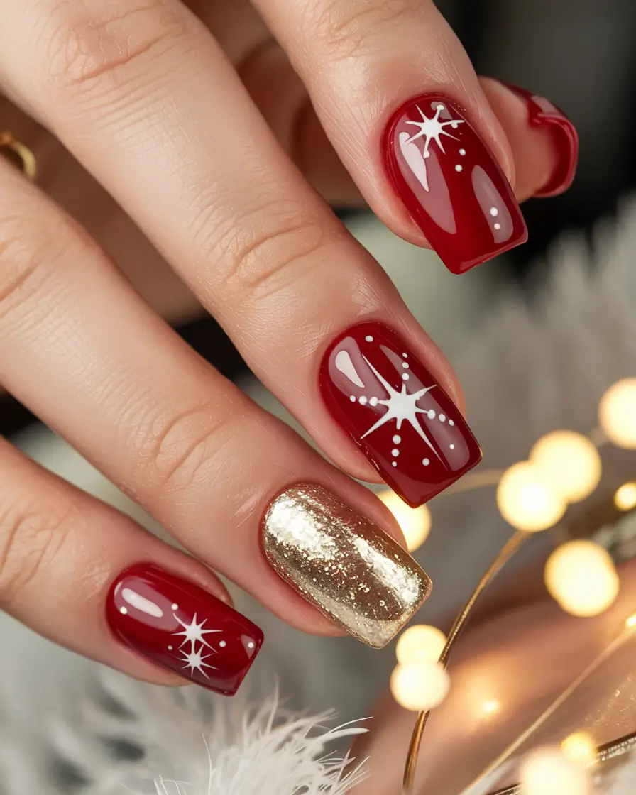 Short Winter Nails 2025–2026 Classic Red and Gold Christmas Stars