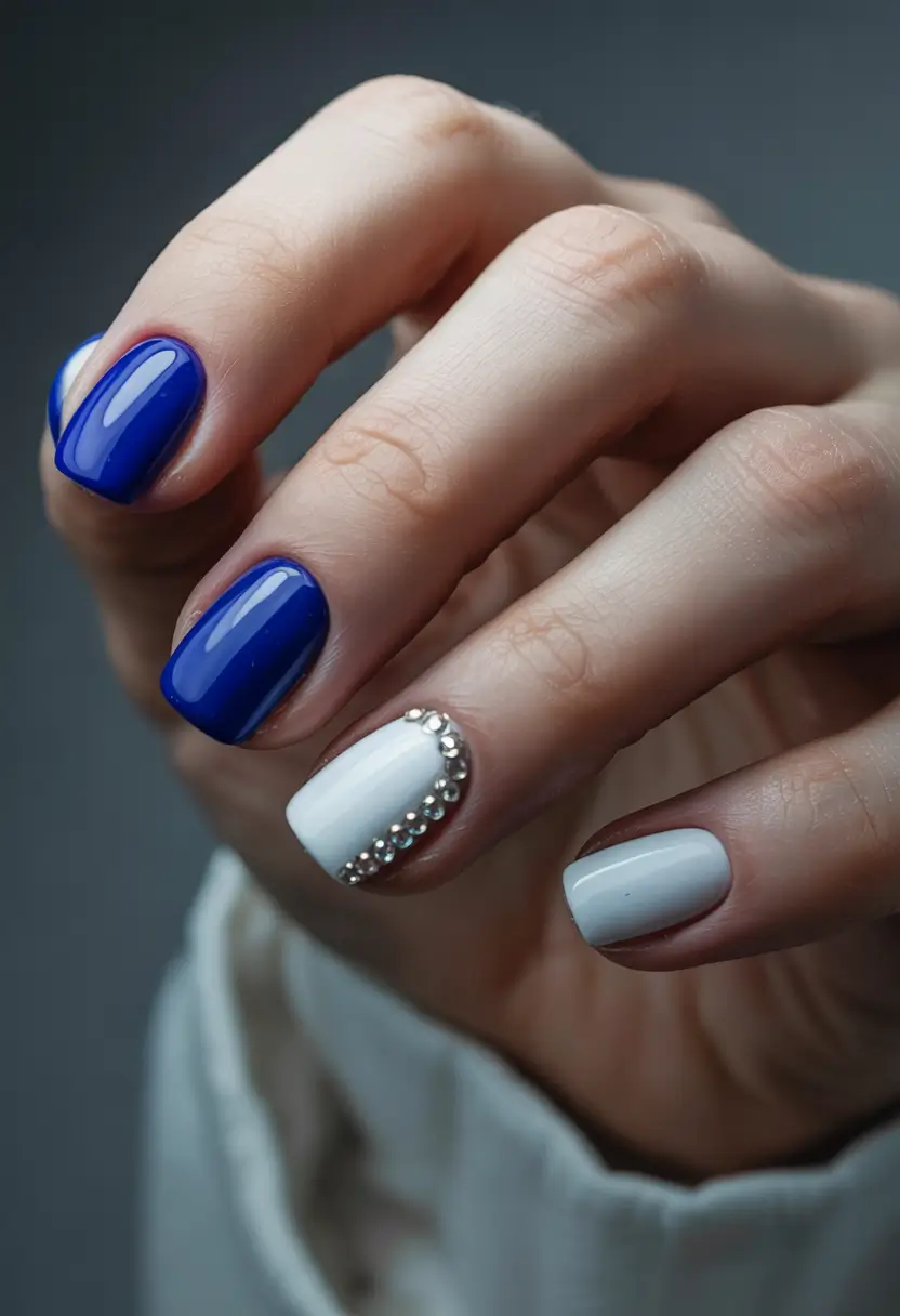 Short Winter Nails 2025–2026 Royal Blue and Snowy White Contrast