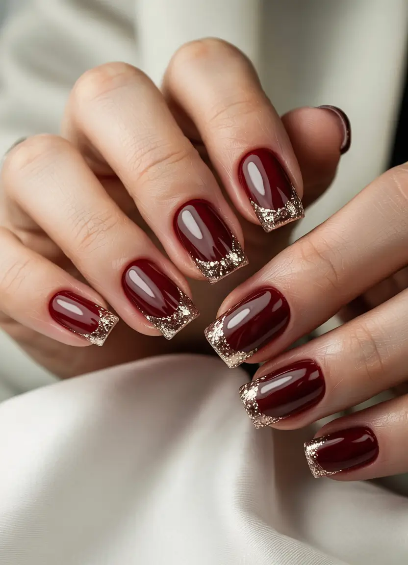 Short Winter Nails 2025–2026 Wine Red and Gold Glitter French