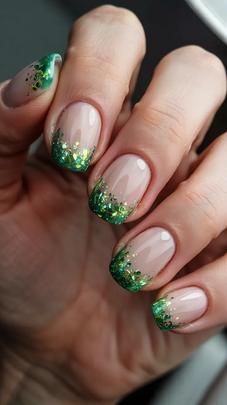 Short Winter Nails 2025–2026 Emerald Glitter Frost Tips