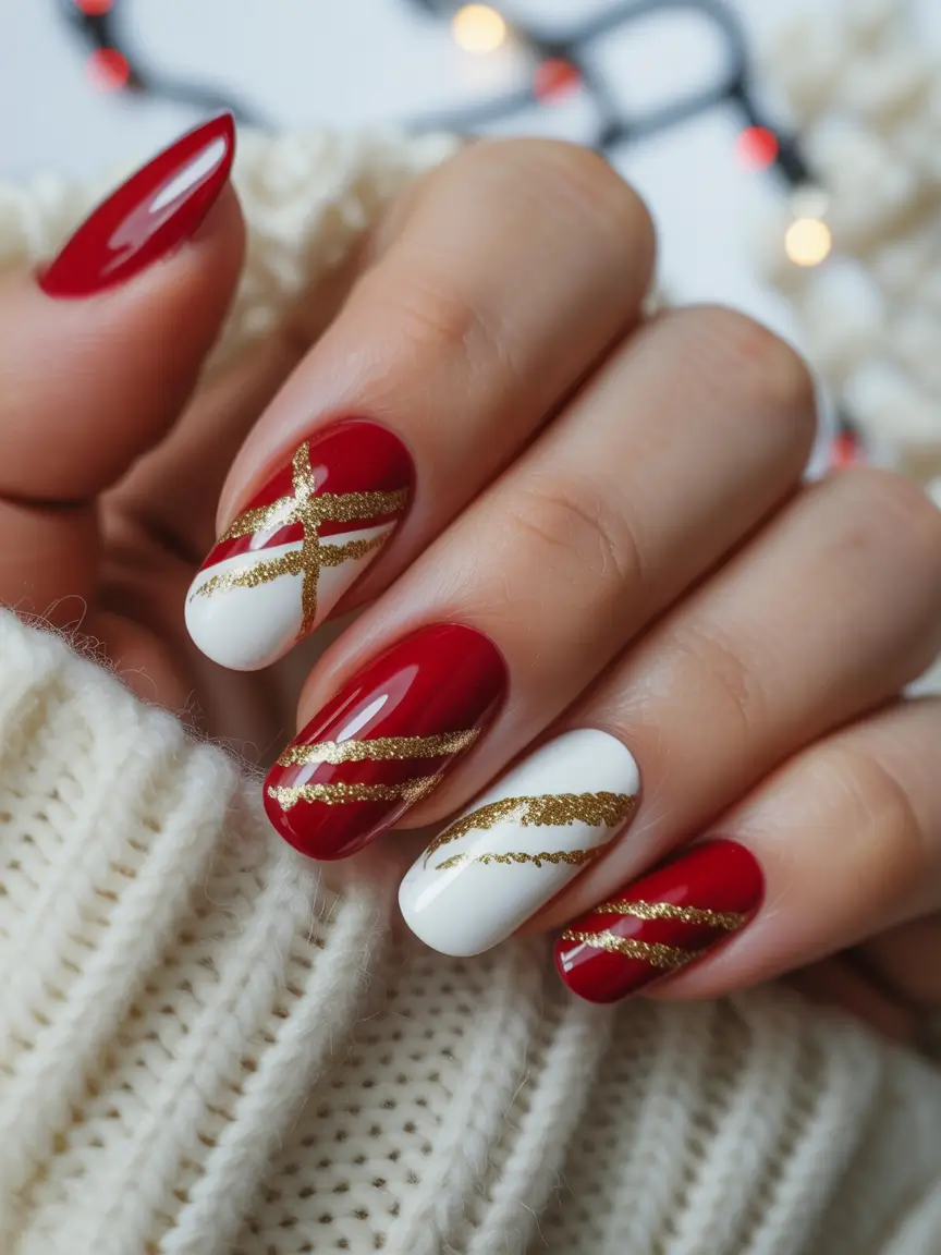 Simple Christmas Nails 2025 Golden Ribbon Glam