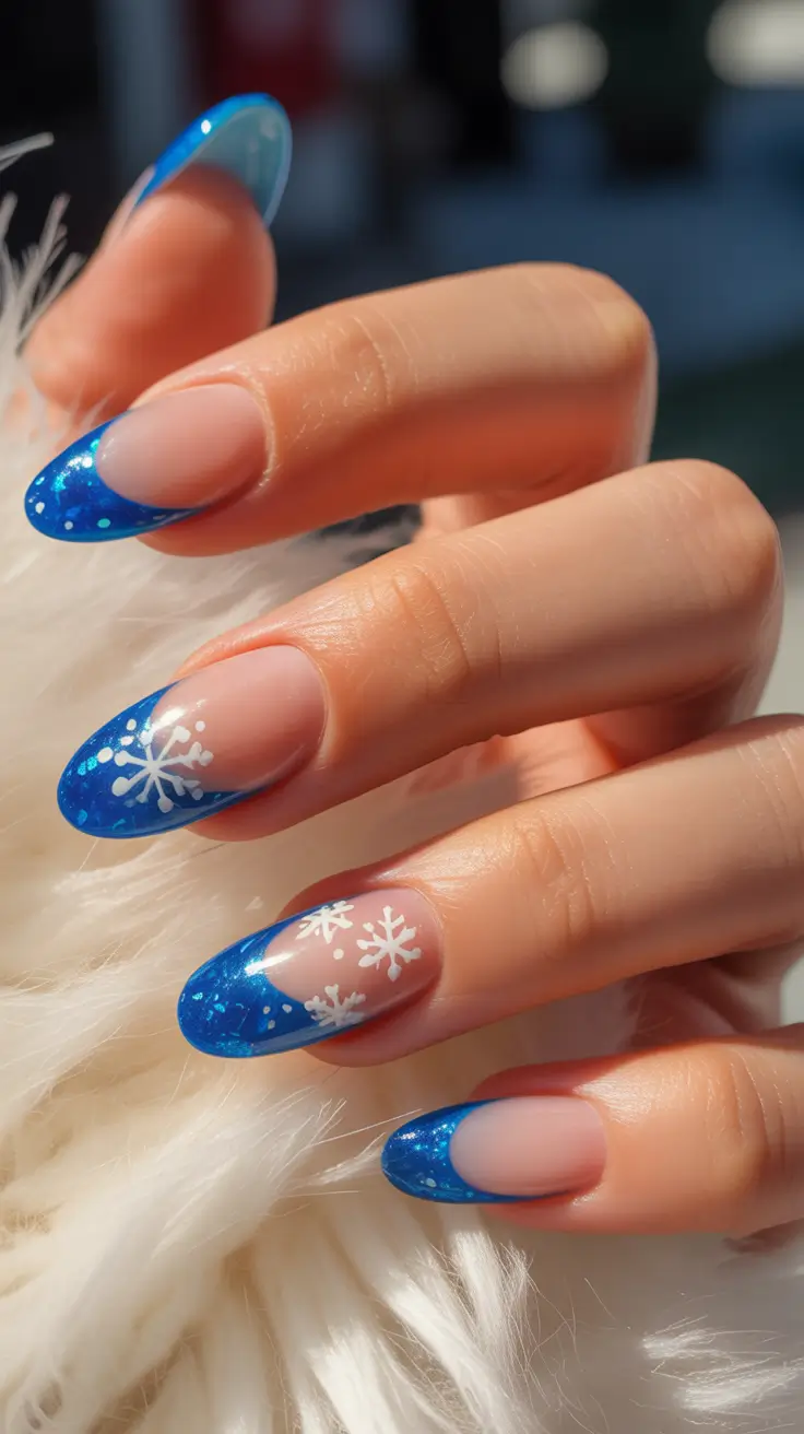 Simple Christmas Nails 2025 Blue Snowfall Tips